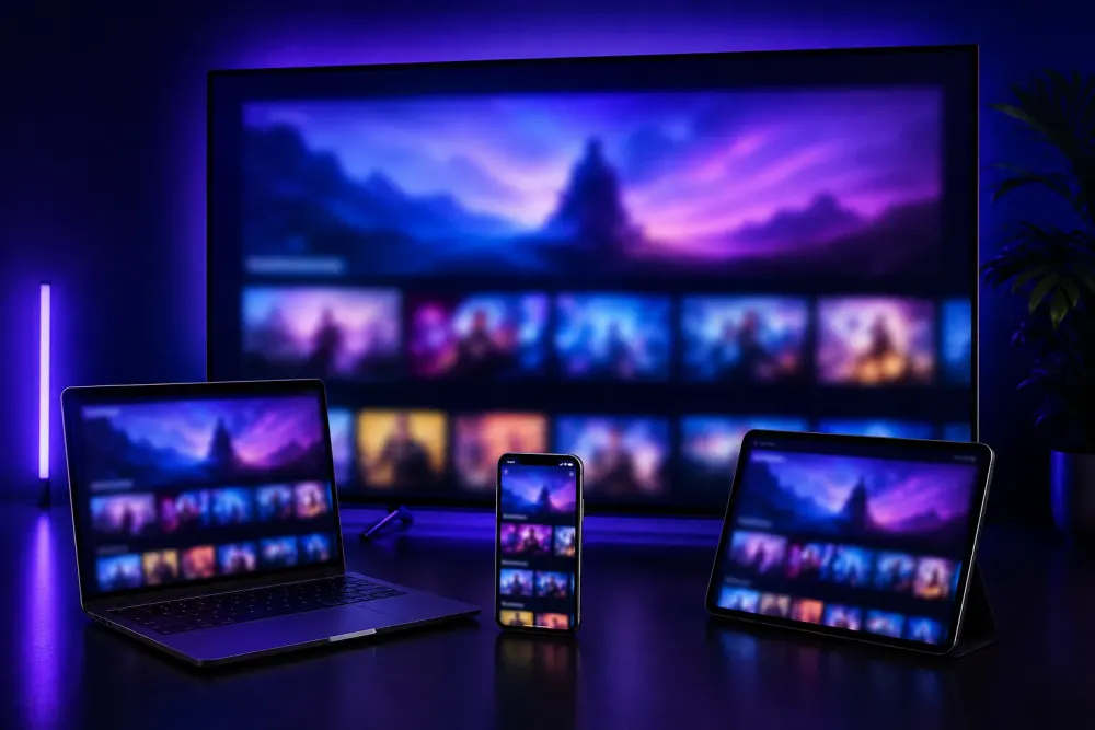 Abonament IPTV na wielu ekranach — telewizor, laptop, tablet i smartfon z tą samą usługą streamingową