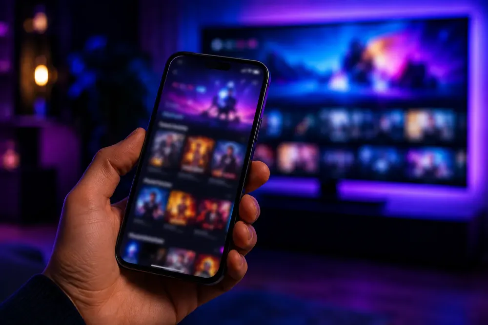 Darmowy test IPTV na smartfonie — aplikacja z filmami i kanałami na tle telewizora w salonie