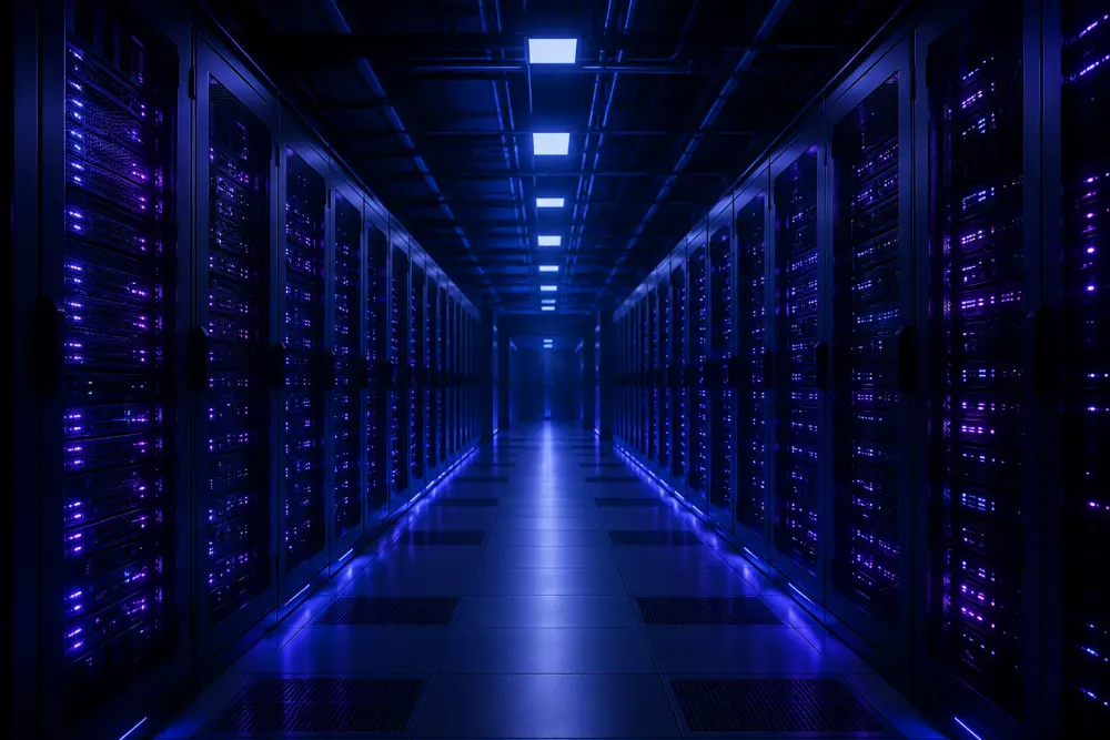 Infrastruktura dostawcy IPTV — serwerownia z szafami serwerowymi i niebiesko-fioletowym podświetleniem