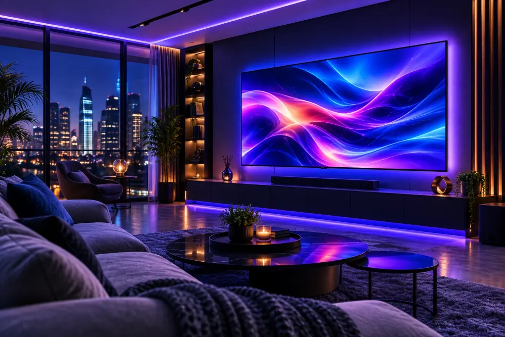 Telewizja internetowa w 2026 roku — salon z telewizorem 4K wyświetlającym interfejs aplikacji streamingowej