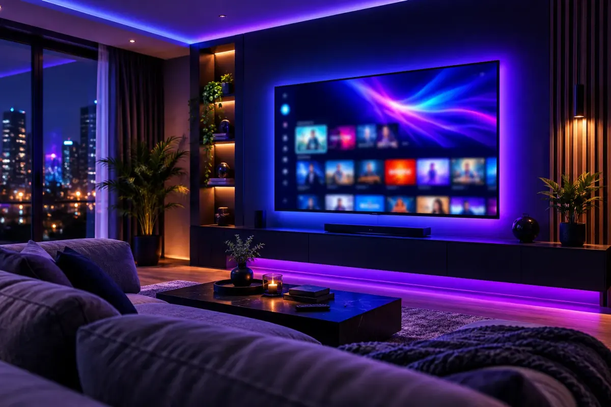 Nowoczesny salon nocą z dużym telewizorem wyświetlającym kolorowy obraz telewizji internetowej