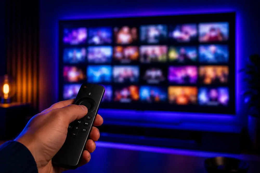 Test IPTV w praktyce — dłoń z pilotem skierowanym na telewizor z listą kanałów telewizji internetowej
