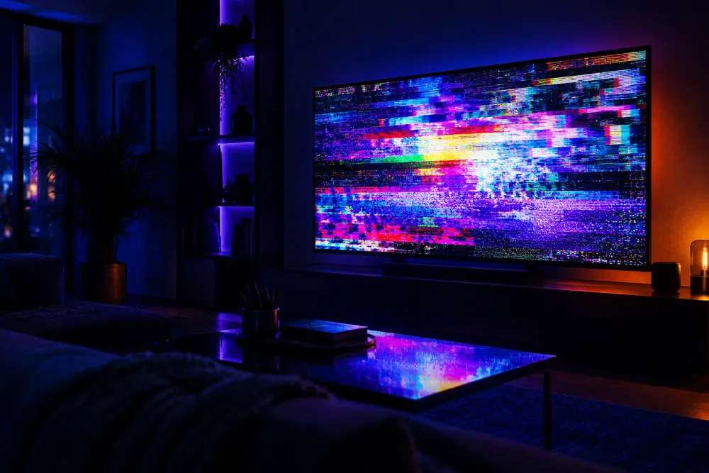 Zakłócony, rozsypany obraz na ekranie telewizora — typowy problem darmowego IPTV z niepewnych źródeł